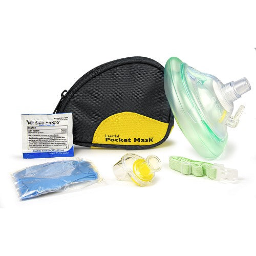 Laerdal Pocket Mask w/Oxygen Inlet & Head Strap w/Gloves & Wipe in Black Soft Pack