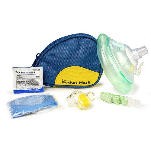 Laerdal Pocket Mask w/Oxygen Inlet & Head Strap w/Gloves & Wipe in Blue Soft Pack