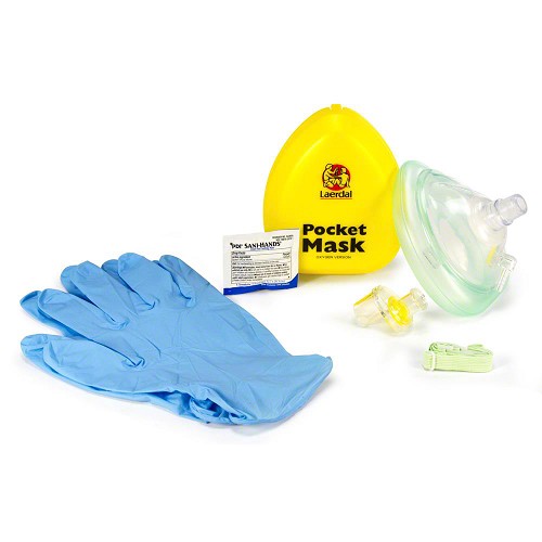 Laerdal Pocket Mask w/Oxygen Inlet & Head Strap w/Gloves & Wipe in Yellow Hard Case